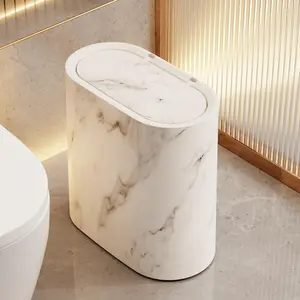 Compact 3.17-gallon marble and wood grain plastic trash can with lid, square odor-proof storage bin - suitable for bathrooms, kitchens, and living rooms, no electricity required, ideal for use in narrow spaces, Bathroom Accessory