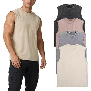 Men's 4-Pack Acid Washed Cotton Crew Neck Tank Tops - Menswear Sleeveless Vests, Plain Solid Color, Casual Loose Fit for Street Wear, Summer (Black+Coffee+Grey+Apricot)