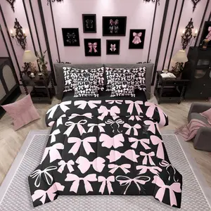 Black Pink Bows Bed in a Bag,Kawaii Bow Tie 7 Piece Bedding Set,Princess Bowknot Bed Set,Includes Comforter,Sheet Set,Pillowcases & Pillow Covers