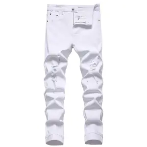 JUNBAOSS Men's Fitted Slim Jeans - White Ripped Distressed Straight Leg Stretch Cotton Pants, Zipper & Button Pockets, Streetwear Casual Fall Apparel