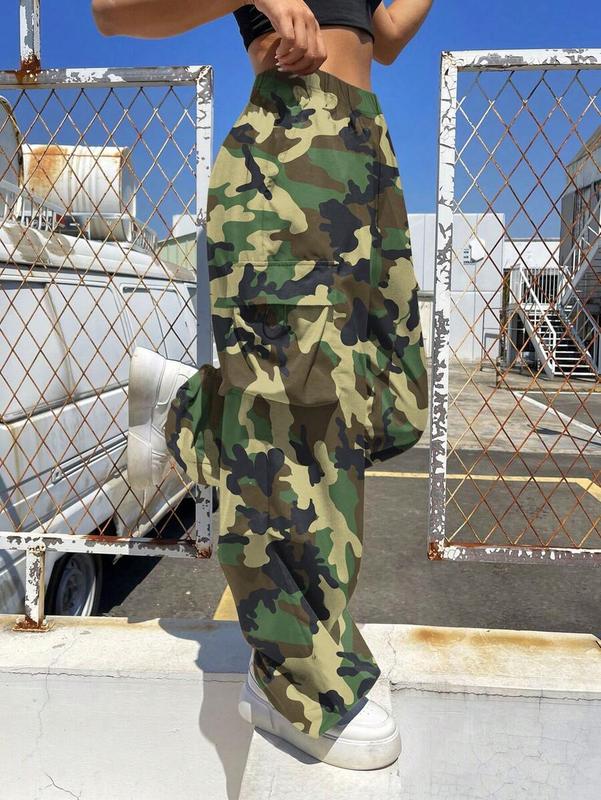 1pc Teen Girl Loose Camouflage Print Flap Pocket Side Drawstring Outdoor Cargo Pants, Suitable For Spring, Summer, Autumn, Winter