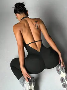 Plus Size Halter Backless Workout Jumpsuit - High Stretch Tummy Control Yoga Bodysuit with Pockets Stretchable Activewear