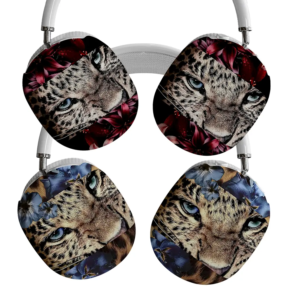 Leopard Floral Headphones – Striking Animal & Floral Designs Featuring Realistic Leopard Faces with Blue Eyes Surrounded by Red & Blue Flowers, Cushioned Ear Cups & White Headband, Perfect Gift for Fashion & Wildlife Fans