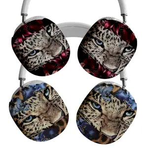Leopard Floral Headphones – Striking Animal & Floral Designs Featuring Realistic Leopard Faces with Blue Eyes Surrounded by Red & Blue Flowers, Cushioned Ear Cups & White Headband, Perfect Gift for Fashion & Wildlife Fans