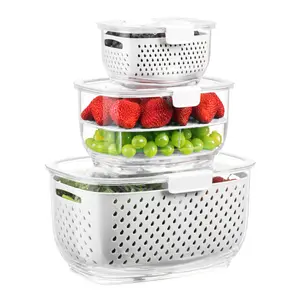 LUXEAR Fresh Produce Vegetable Fruit Storage Containers 3Piece Set BPA-free Partitioned Salad Container Fridge Organizers for Fruits Vegetables White