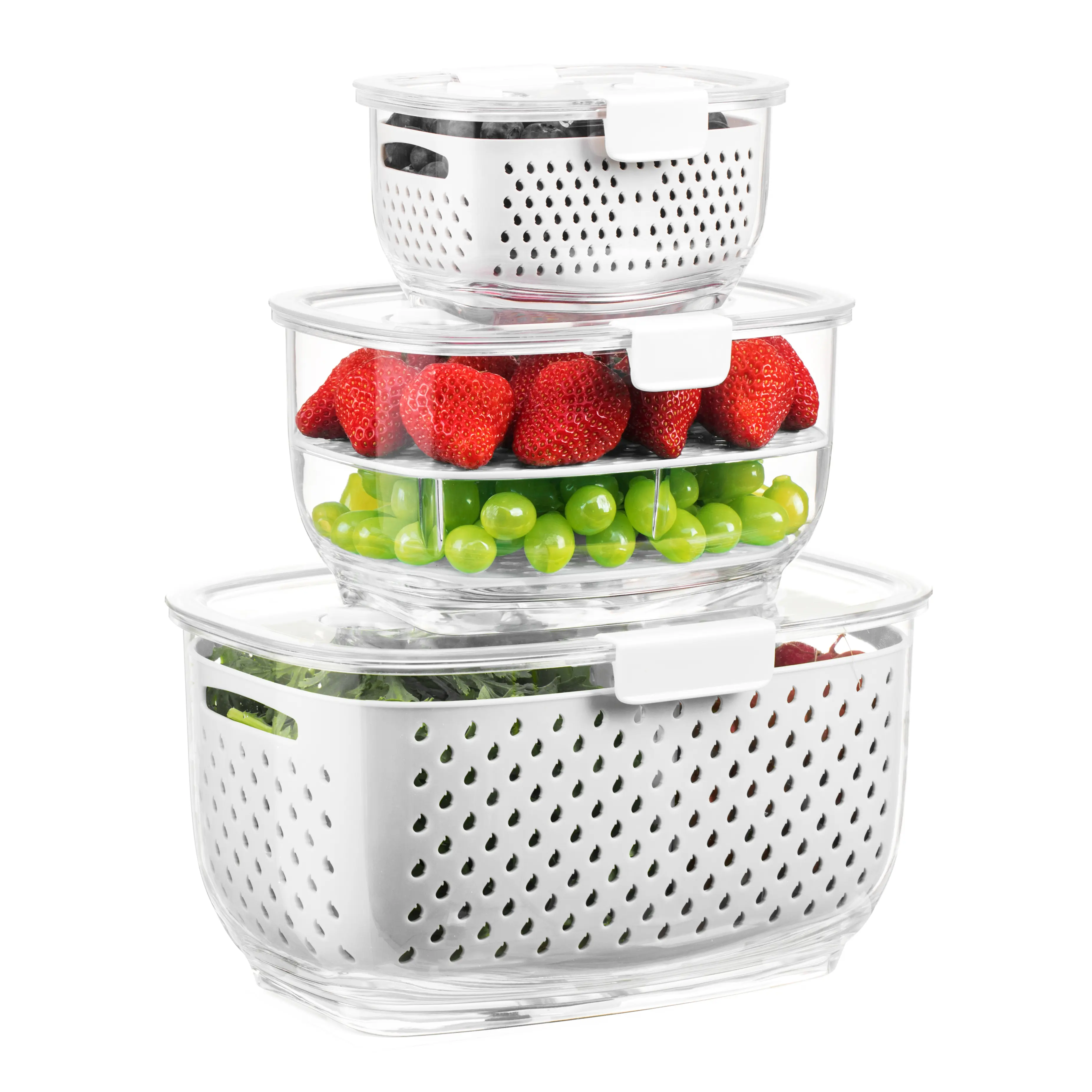LUXEAR 3-Piece Durable Solid Plastic Kitchen Food Storage Containers, BPA-Free Adjustable Partitioned Fridge Use Organizers with Vent Airflow to Keep Fruits Fresh, Recyclable Stackable Multi-Size White Utensils for Vegetables, Vent System