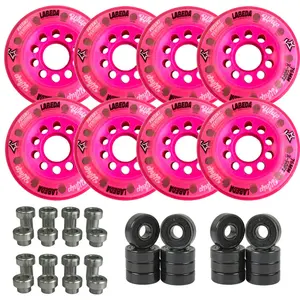 Labeda Whips Roller Hockey Wheels - Pink X-Soft 76mm - 8-Pack with Evo Spacers and Hybrid Ceramic Bearings