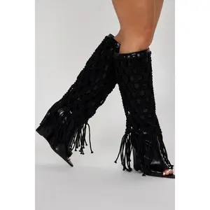 Summer Crochet Knee High Boots - Black Y