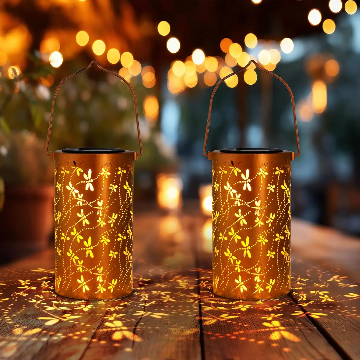 DIBIEECN 2-Pack Dragonfly Motif Copper Solar-Powered Outdoor LED Hanging Lanterns, Water-Resistant Metal Eco-Friendly Lights, Garden Decor for Women's Gifts (Patio, Porch Use)