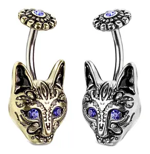 Tribal Cat Crystal Eyes Belly Ring 14G 316L Surgical Steel