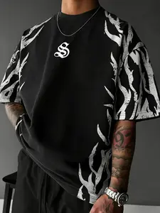 Gothic Flame Print Loose Fit Men's T-Shirt, Y2K Streetwear Hip-Hop Casual Lazy Style, Short Sleeve Daily Wear Top