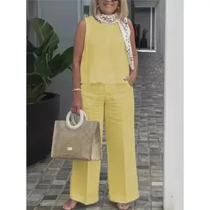 Conjuntos Para Mujeres 2 Piezas Outfit Linen Cotton Clothing Loose Sleeveless Top Wide Leg Pants