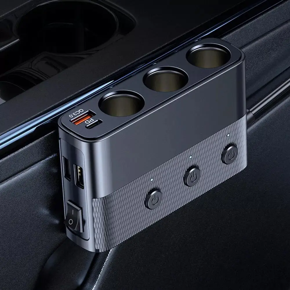 Plug Splitter, 7 In 1 Car Charger Adapter 3 Socket Power 12V/24V, Type-C And QC3.0, 2 USB Charging Ports, Independent Switches, LED Voltage Display, D