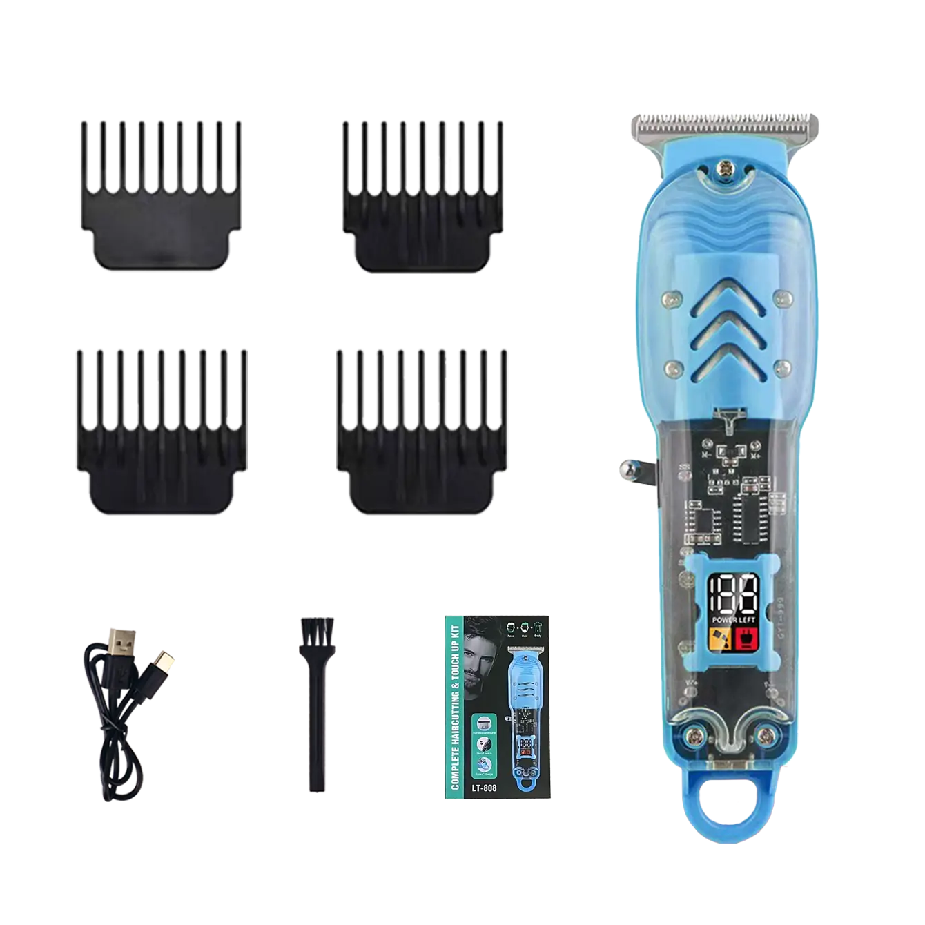 Transparent Digital Display Electric Hair Clippers, Cordless Rechargeable Hair Trimmer with 4 Guide Combs, Safe Round Blade Barber Hair Cutting Tool for Men Beard & Home Haircut