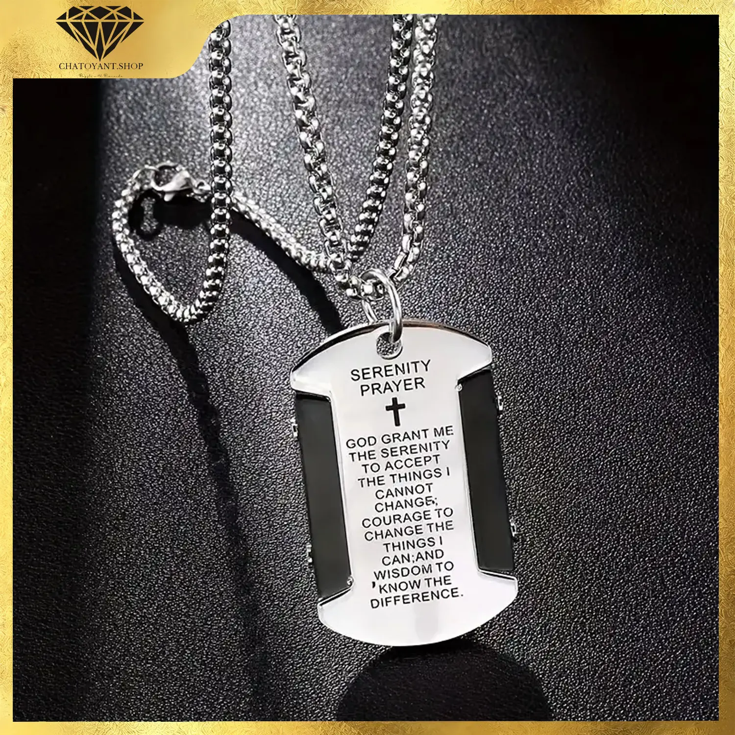 Stainless Steel Men's Bible Verse Dog Tag Serenity Lord's Prayer Cross Pendant Necklace with 24 Inch Stainless Steel Chain for Men Silver Black Gold