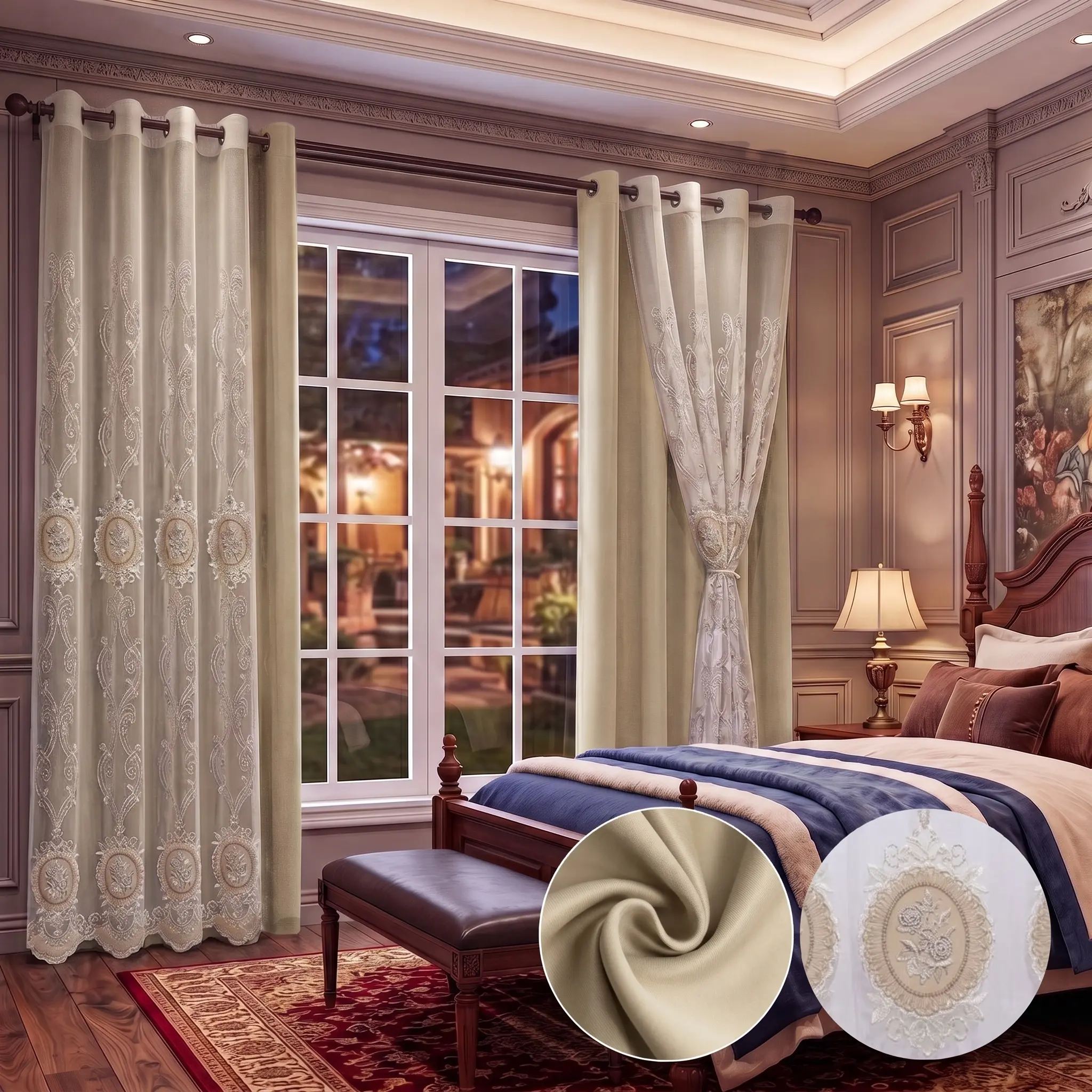 4 Panels Combination Grommets Curtains Including : 2 Panels 52x84 inch : Solid Blackout Curtains & 2 Panels  Luxuary Embroidery and Flocking Curtains  QF222 QF75 noise reduction