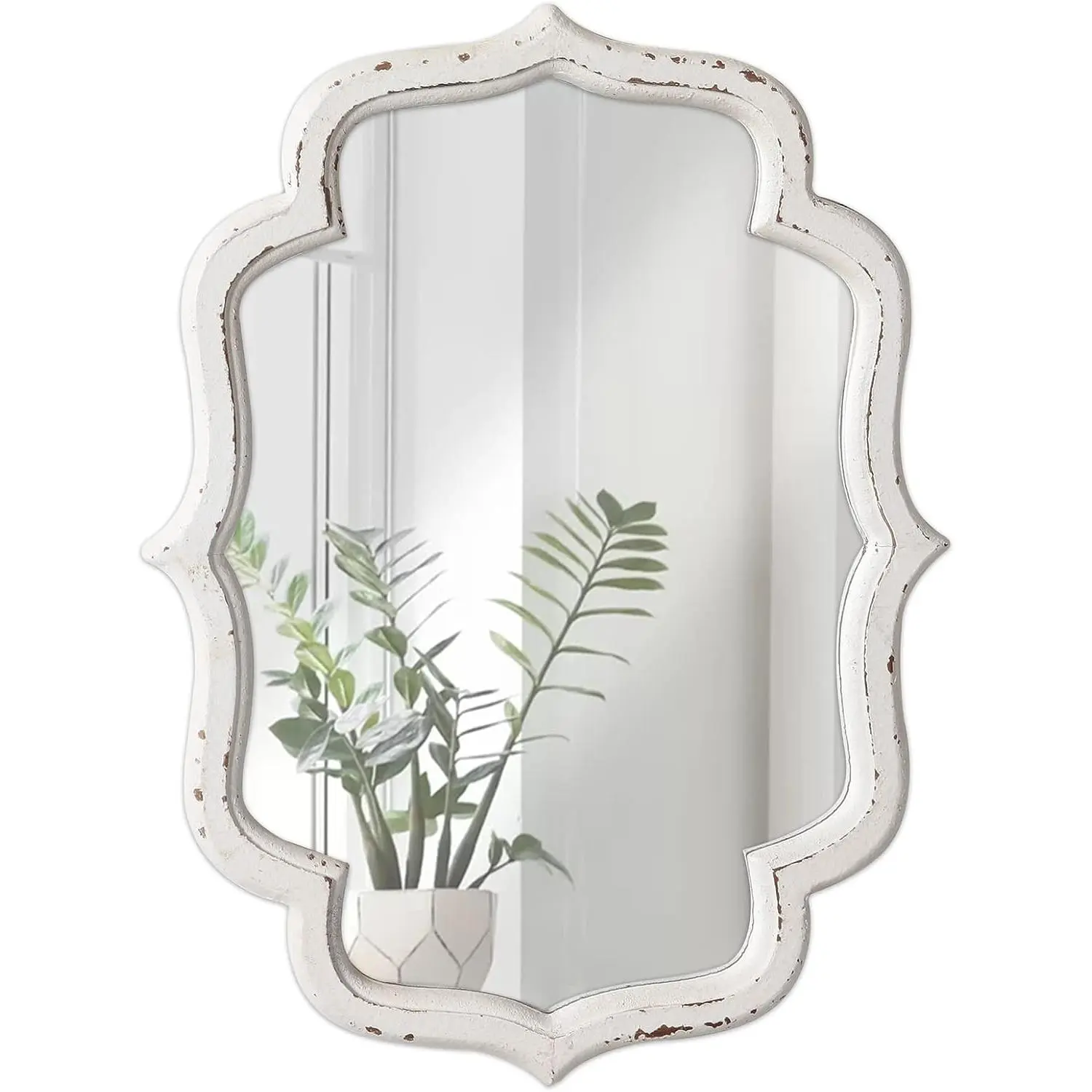 Vintage Small Scalloped Geometric Light Wall Mirror, 16in x 12in Elegant Rustic Distressed White Wood Quatrefoil Mirror for Bathroom Vanity, Hanging Wall Mount Home Decor