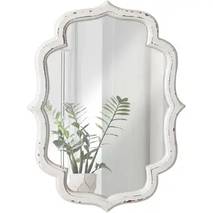 Vintage Small Scalloped Wall Mirror Decorative 16" x 12", Hanging Rustic Distressed White Bathroom Mirrors for Vanity, Farmhouse Wood Quatrefoil Wall Mount