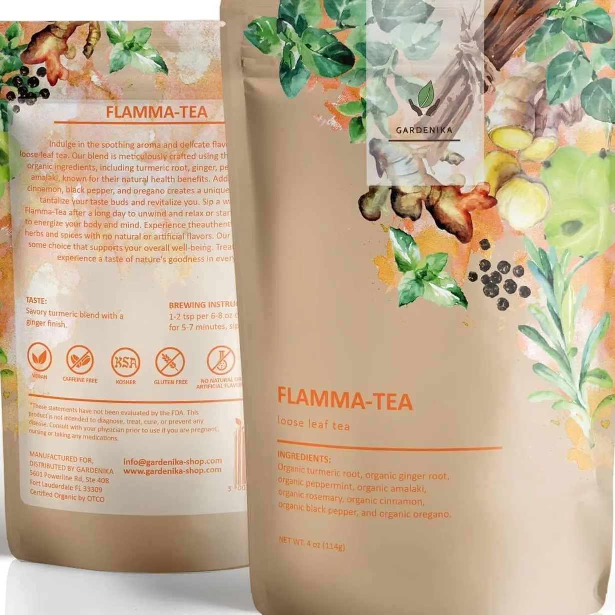 Gardenika Organic Flamma-tea Loose Leaf Tea | Premium Turmeric Ginger Blend with Cinnamon, Peppermint & Black Pepper | 100% Natural, Caffeine Free Herbal Wellness Tea | 4oz (113g)