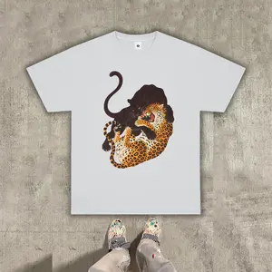Men’s heavyweight summer loose-fit cotton short-sleeve T-shirt featuring a fierce battle between leopard and black panthers graphic print—trendy, fashionable, casual athletic streetwear for men; ideal for summer outfits, great as a gift for men, suitable