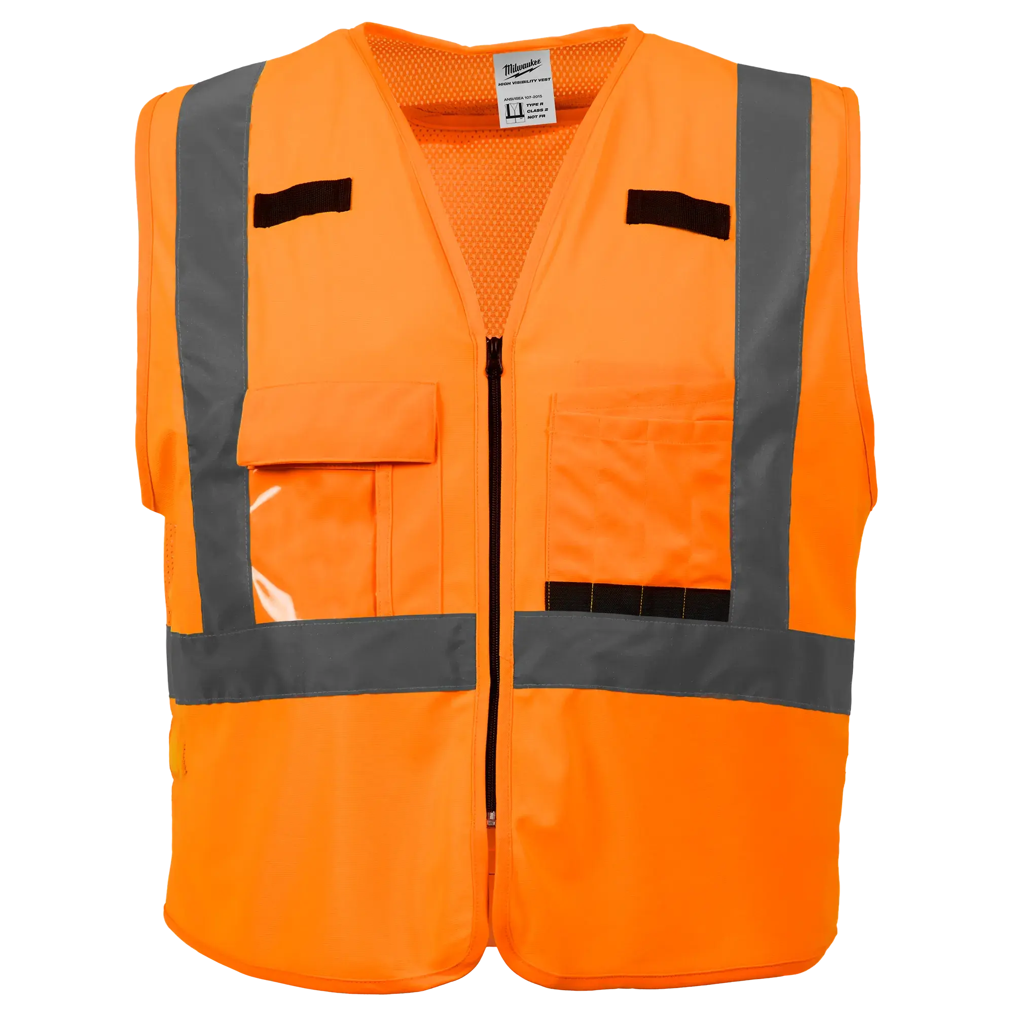Milwaukee 48-73-5033 Class 2 High Visibility Orange Zipper Work Safety Vest for Construction Workers - 2XL/3XL, 10 Pockets, Customizable by Logo, Reflective Safety