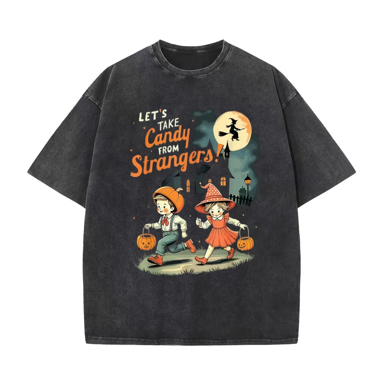 Women's men's Retro Halloween Funny "Let's Take Candy From Strangers" Graphic Vintage Washed Oversized Crewneck Unisex T-Shirt, Baggy Breathable Casual Basic Top for Daily Wear