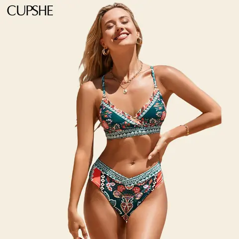 CUPSHE Women's Vintage Paisley 2-Piece Bikini Bathing Suit - Adjustable Triangle Top, Overlap Cheeky Cut Bottoms, Boho Charm Sports & Outdoor Swimwear, Bathing Suit Women