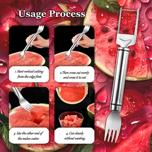 2 Counts 2 in 1 Watermelon Fork Slicer, Dual Head Stainless Steel Fruit Forks Slicer Knife, Multifunctional Portable Summer Fruit Cutting Fork, Suitable for Family Parties Kitchen Camping
