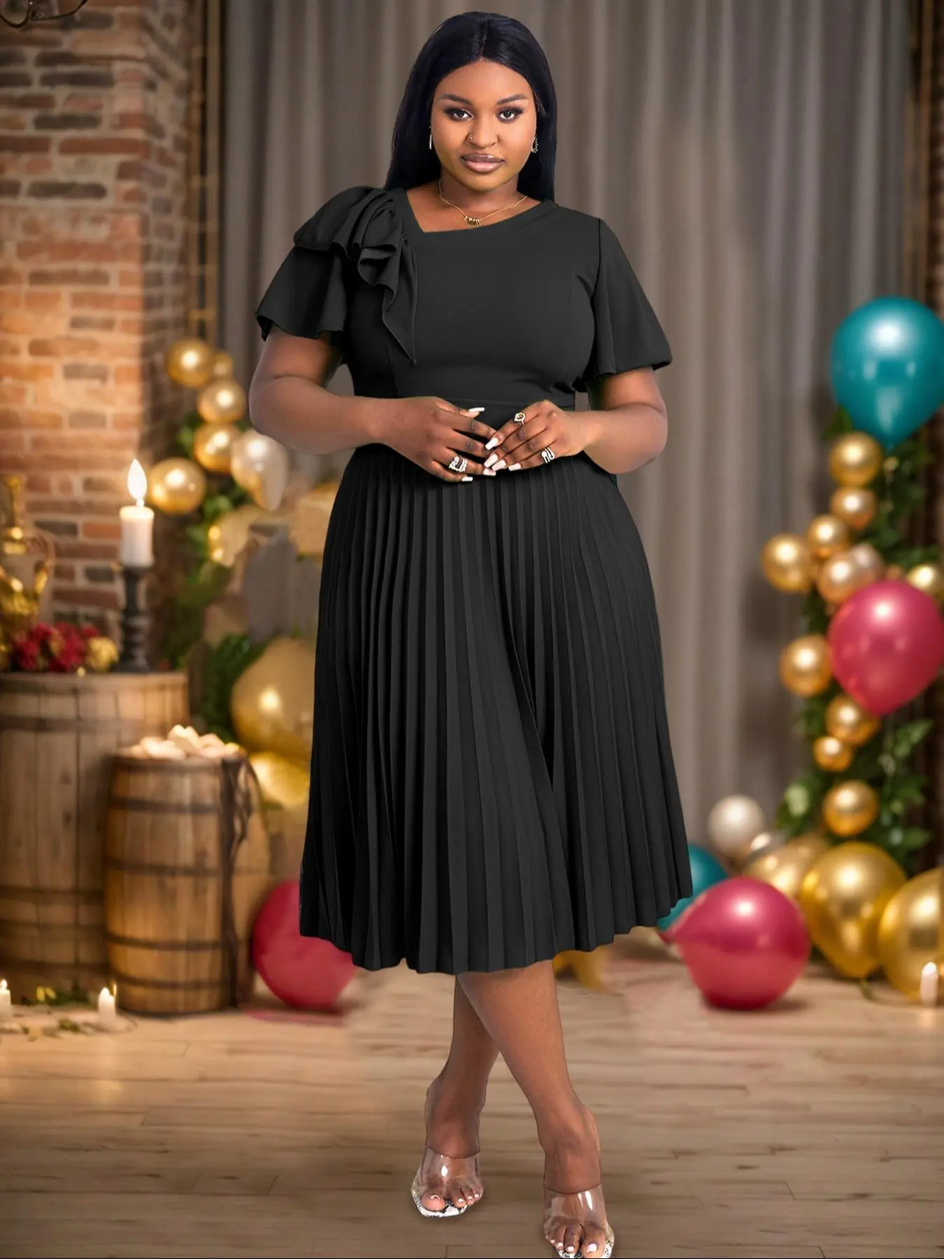 Plus Size Solid Color Ruffle Trim A Line Midi Dress, Elegant Dress for  Party Wedding Guest, Women's Clothes for All Seasons - TikTok Shop
