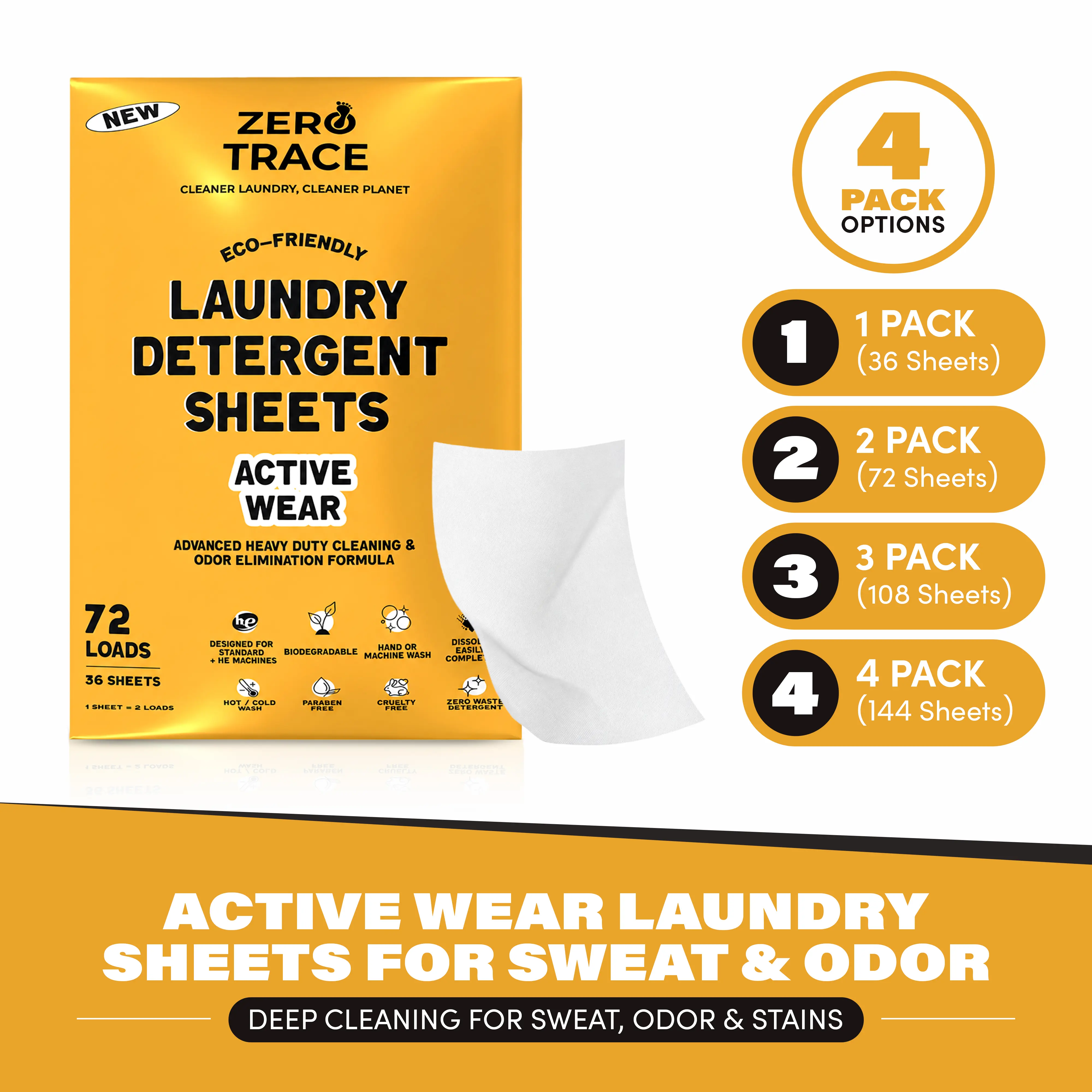 Active Wear Laundry Detergent Sheets, 72 Loads, 36 Sheets, Eco-Friendly Plant-Based Laundry Soap Sheets for Gym Clothes, Travel & Everyday Laundry