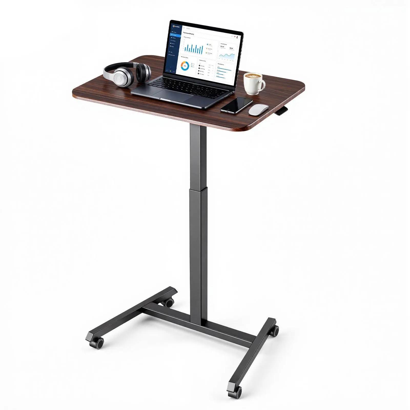 VEVOR Standing Desk, Adjustable Height Mobile Stand Up Desk with 4 Casters, 25.6 x 19 in Small Computer Sit Stand Rolling Workstation with Hook, 33 lbs Desktop Capacity, Ideal for Home Office, Brown