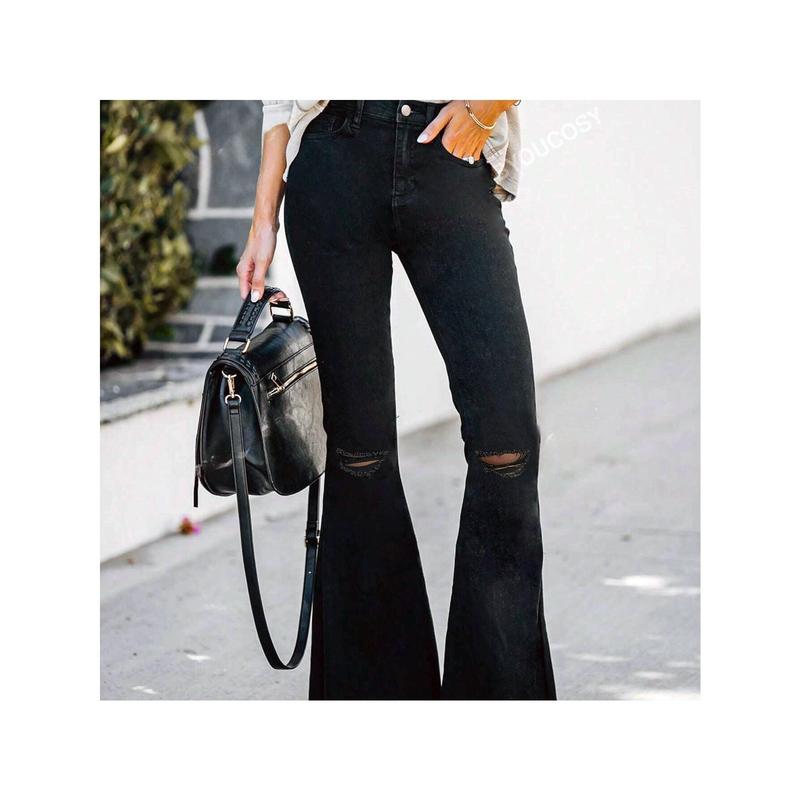 Women's Black Raw Hem Fringe Flare Jeans - Wide-Leg Distressed Bell-Bottom Denim Pants with Button Closure, Boho-Chic Fringe Hem & All-Season Wear for Casual & Formal Outfits (Machine Washable) - Boho Western Style