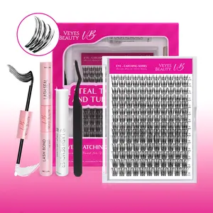 VEYESBEAUTY VB-Flutter Cluster Lashes 100% Handcrafted Ultra-thin Extremely Fine Invisible Band False Eyelash Wispy Faux Mink Lash Mixed Length DIY Eyelash Extension for Self Makeup Cosmetic Application at Home