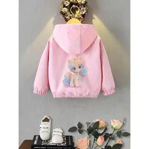 ' Korean-Style Hooded Jacket with Heart & Bow Print - Full-Zip Front, Hooded Collar & Pockets -/Fall Outerwear Coat, Playdates, Casual Outfits (Pink/White, Easy-Care -Like) - ' Zip-Up Jacket