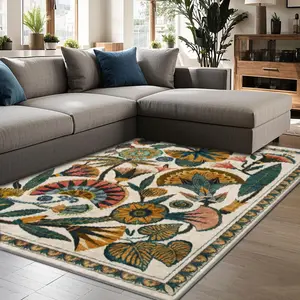 Boho Style Floral Pattern Rug, 1 Count Colorful Non-slip Soft Floor Mat, Decorative Carpet for Home Living Room Bedroom Hotel Dormitory