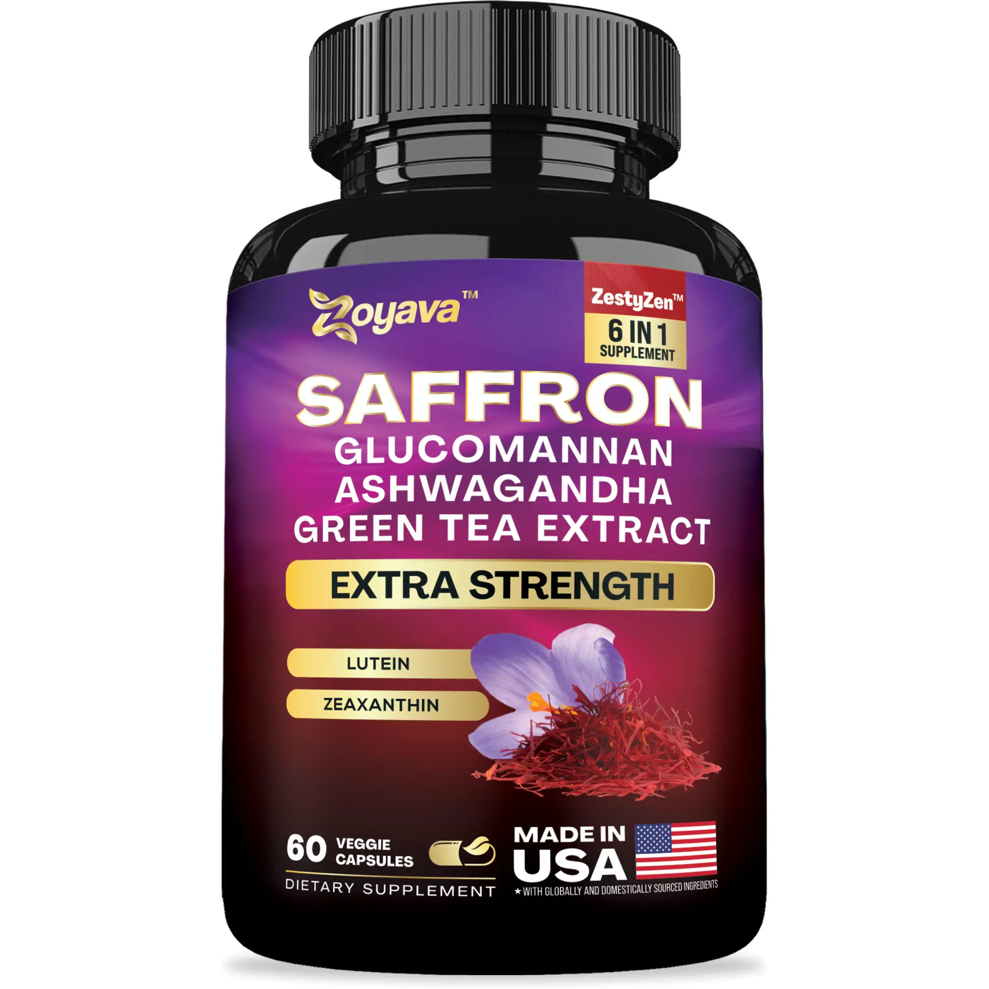 Zoyava Saffron All-in-One Supplements - Extra Strength Formula with Glocomannan, Ashwagandha, & Green Tea Extract for Happier You - 60 Capsules - Made