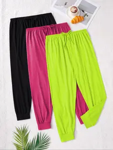 Women's Casual Solid Color Drawstring Jogger Pants, Ultra-Comfortable Home Wear, Outerwear Suitable, Pack of 3