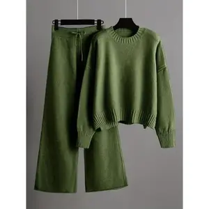 2025Women's Casual Knitwear Set - Cozy Long Sleeve Crew Neck Sweater & Wide-Leg Pants, Solid Color, Polyester Clothing Collar