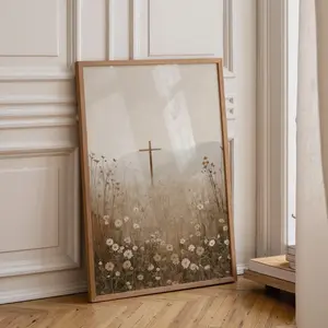 Christian Wall Art Print | Cross Landscape Artwork | Neutral Faith Home Décor | Minimalist Religious Wall Art Unframed