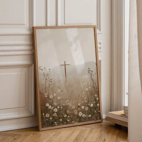 Christian Wall Art Print | Cross Landscape Artwork | Neutral Faith Home Décor | Minimalist Religious Wall Art Unframed