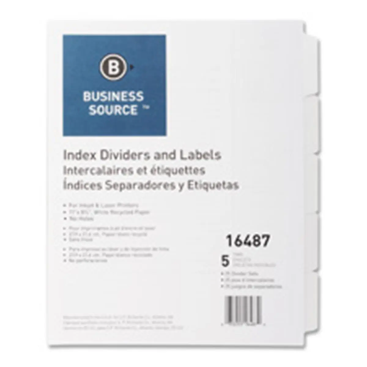 Business Source BSN16487 Index Dividers- Unpunched- 5-Tab- White