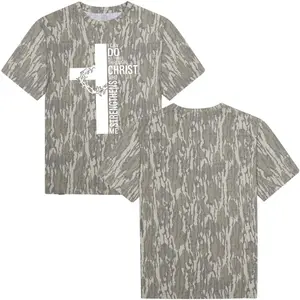Camo Shirt "I Can Do All Things Through Christ", Mossy Oak Cross Camo Tee, Camouflage Cross Washed Cross Design Short Sleeve T-shirt