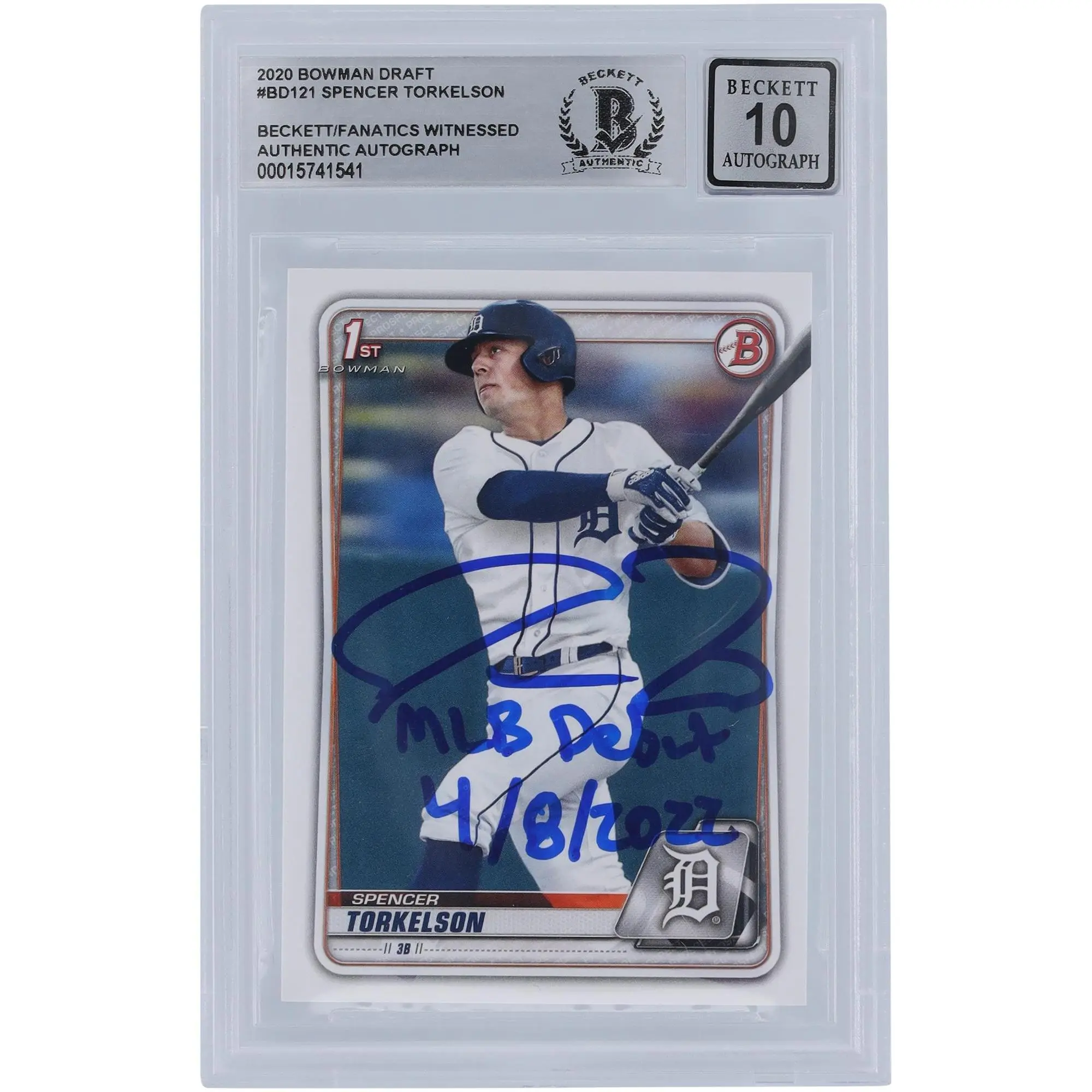 Spencer Torkelson Detroit Tigers Autographed 2020 Bowman Draft #BD-121 Beckett Fanatics Witnessed Authenticated 10 Rookie Card with "MLB Debut 4/8/2022" Inscription - Fanatics Authentic Certified