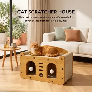 2-in-1 Cat Scratcher Bed - Multi-Functional Pet Scratching Barrel Furniture with Teaser Balls, Space-Saving for Indoor Cats
