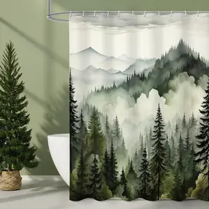 Dark Green Misty Pine Forest Shower Curtain, Mountain Foggy Woodland Scenery Tree Shower Curtains for Chic Rustic Bathroom, Abstract Modern Waterproof Nature-Themed Decor, 72x72 Inches