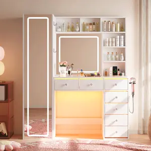 LED Lighted Vanity Desk with Full Length Mirror, Makeup Dresser Table with Storage Drawers & Shelves, Dressing Table for Bedroom