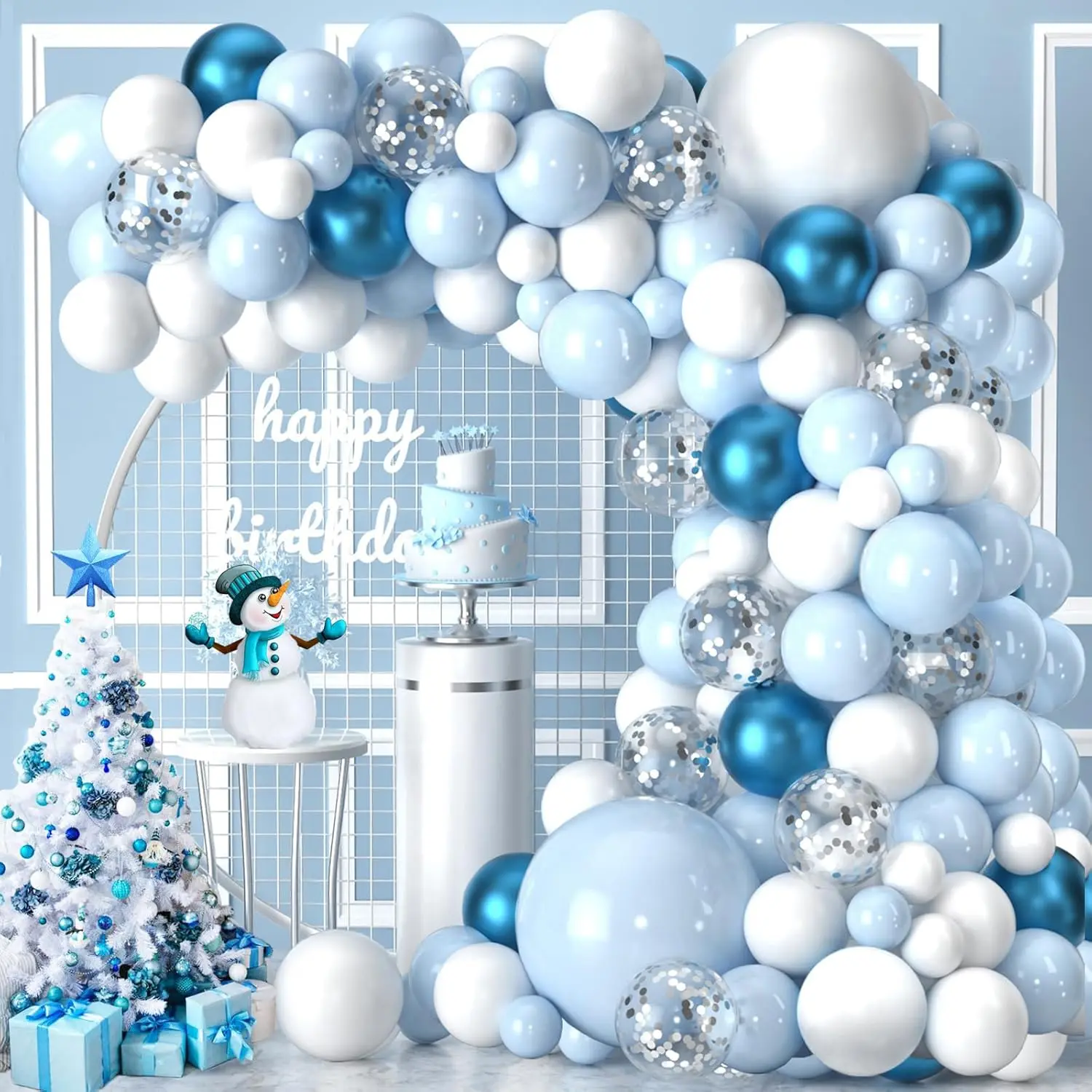 135pcs Baby Blue, White & Metallic Silver Balloon Arch Kit - Festive Backdrop for Boy's First Birthday, Baby Showers & Winter Wonderland Party Decorations