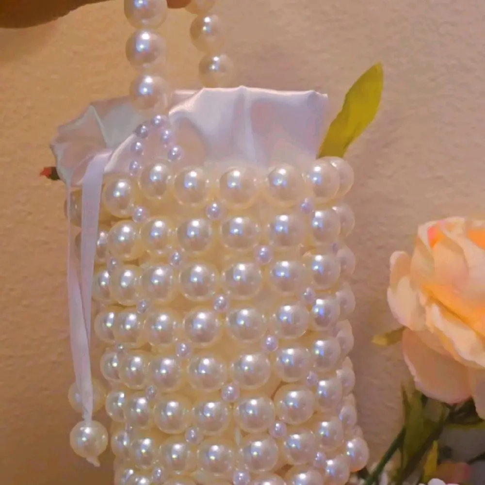 Cream Round Bag with Elegant Pearl Beading and Satin Ribbon Handle for Special Occasions