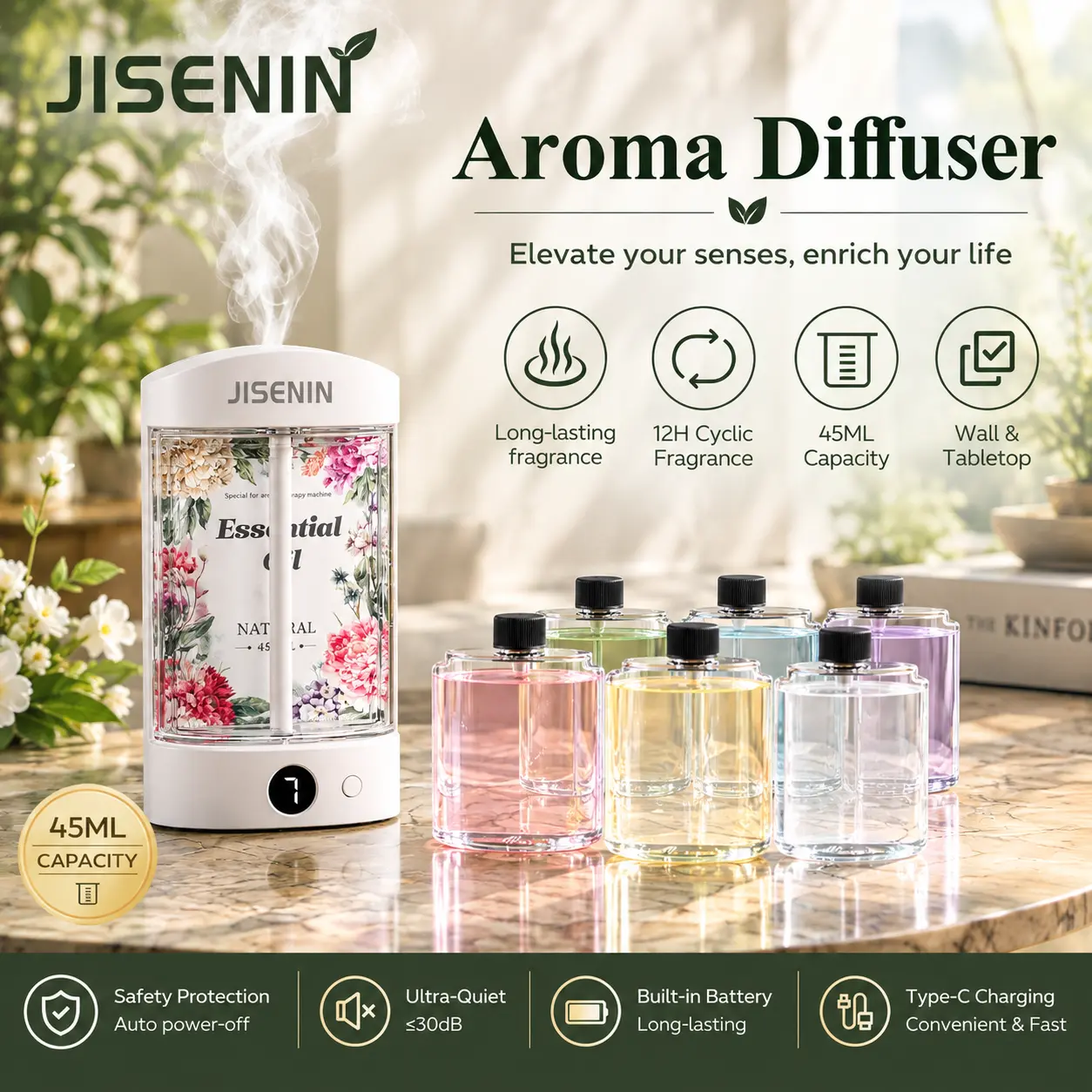 JISENIN Compact 45ML Wireless Essential Oils Aromatherapy Machine - Type-C USB Rechargeable Portable Refillable Steam-Free Humidifier, Built-in Battery, 12H Fragrance Cycle, Under 30dB Ultra-Quiet, Wall-Mountable & Tabletop for Home, Bedroom