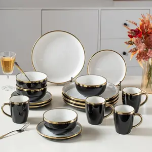 Black and  Ceramic Dinnerware Sets for 4, 16- Luxury Plates and Bowls Sets with  Rim, Modern Dish Set for Wedding Christmas Anniversary, Crack Resistant | Dishwasher Safe (Black)